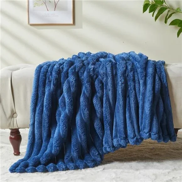 Super Soft Throw Blanket Navy Premium Silky Flannel Fleece 3D Ribbed 50"x60" - Picture 6 of 6